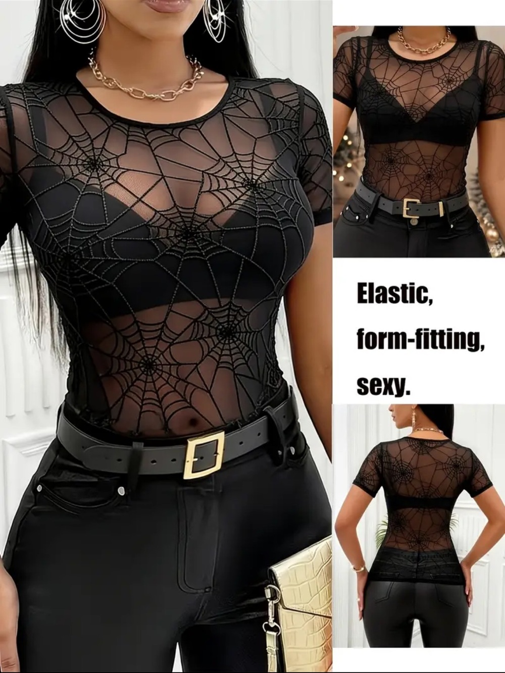 Sheer Transparent Spiderweb Mesh Short Sleeve Top - Black